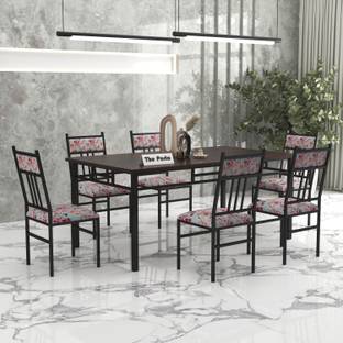 Carftjar Metal Six Seater Dining Set / Wooden Top Dining Set With Cushion Chair | Metal 6 Seater Dining Set