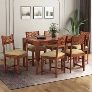 DITHA Solid Sheesham Wood Six Seater Dining Table Set For Dining Room. Solid Wood 6 Seater Dining Set