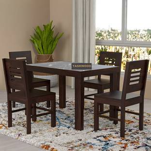 Taskwood Furniture Solid Wood Grey Marble Top Finish Four Seater Dining Set For Dining Room Solid Wood 4 Seater Dining Set