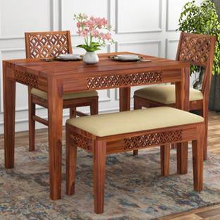 Mooncraft Furniture Wooden Dining Table with 2 Chairs & 1 Bench Solid Wood 4 Seater Dining Set