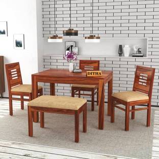 DITHA Furniture Solid Sheesham Wood Four Seater Dining Table Set For Dining Room. Solid Wood 4 Seater Dining Set