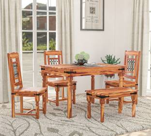 LOONART Solid Sheesham Wood Four Seater Dining Set With Chairs & Bench For Dining Room | Solid Wood 4 Seater Dining Set
