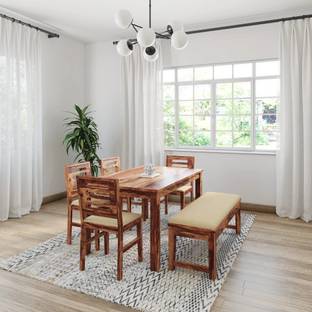 Flipkart Perfect Homes Six Seater Dining Table with bench (Solid Sheesham Wood, Natural Finish) Solid Wood 6 Seater Dining Set