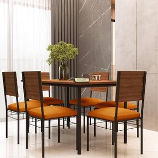 SIYA ART SIYA ART Wooden Top Iron Frame 6 Seater Dining Table with Cushioned Chair Metal 6 Seater Dining Set