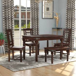 LOONART Solid Sheesham Wood Four Seater Dining Set With Chairs & Bench For Dining Room | Solid Wood 4 Seater Dining Set