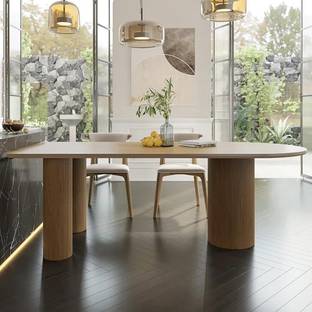 NG Decor Japandi Dining Table 6 Seater Pine Wood Table Pedestal Base Engineered Wood 6 Seater Dining Table