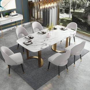 NG Decor Faux Marble Dining Room Table for 4-6 Person White Rectangular Top in Gold Stone 6 Seater Dining Table