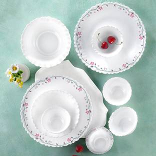 Larah by Borosil Pack of 34 Opalware Galaxy Series Garland Dinnerset for Family of 6, Crockery for Dining & Gifting Dinner Set