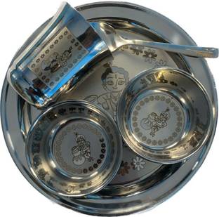 Little Me Pack of 5 Stainless Steel Krishna Printed Stainles Steel Dinner/Bhog Set Dinner Set