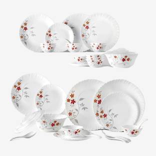 Larah by Borosil Pack of 34 Opalware Galaxy Rosalie Crockey Set for Dining & Gifting, Plate & Bowl Dinner Set