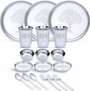 LIMETRO STEEL Pack of 18 Stainless Steel Laser Printed High Grade Dinner Set