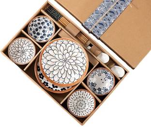 HENIJ Pack of 14 Ceramic Japanese Style Ceramic Rice Bowl with Gift Box, Blue and White Pattern Bowls Set Dinner Set