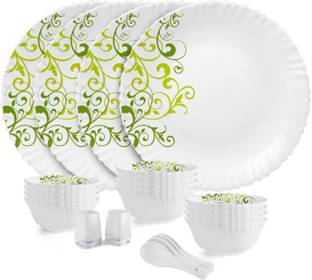 cello Pack of 22 Opalware Dazzle Opalware Oleander Dinner Set | Crockery Set | Green Dinner Set