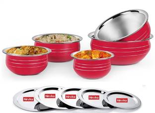 Nirvika Pack of 5 Stainless Steel handi set with lid powder Coating red piece of 5 Cookware Dinner Set