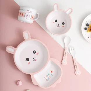 YIQELU Eco-Friendly Bamboo Fibre Kids 5 Pc Dinner Set - Rabbit  - Bamboo