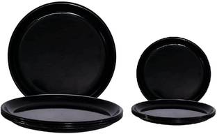 Kanha Pack of 6 Plastic Round Plate Microwave Safe, 3Pcs Full Plate & 3 Pcs Half Plate Black Color Dinner Set