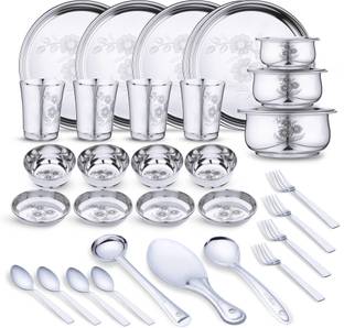 LIMETRO STEEL Pack of 33 Stainless Steel Laser Printed (Flawer-4) Dinner Set
