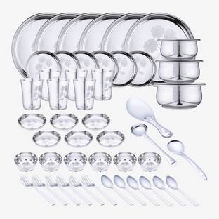 LIMETRO STEEL Pack of 51 Stainless Steel Laser Printed Flawer Design (Serves 6) Dinner Set