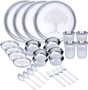 LIMETRO STEEL Pack of 28 Stainless Steel Laser Printed (Serves 4) Dinner Set