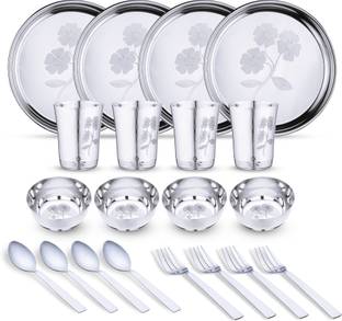 LIMETRO STEEL Pack of 20 Stainless Steel Stainless Steel Laser Printed Flawer Design (Serves 8) Dinner Set Dinner Set