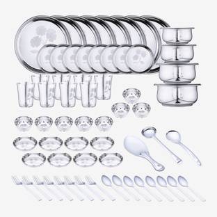 LIMETRO STEEL Pack of 67 Stainless Steel Laser Printed Flawer Design (Serves 8) Dinner Set