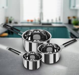 NARV Pack of 3 Stainless Steel Stainless Steel Saucepan Set, 3 Pieces, Silver with Handle for Tea, Coffee K1 Dinner Set