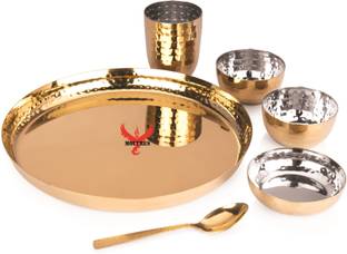 Moltres Pack of 6 Stainless Steel, Gold Plated -Royal Hammer Gold Dinner Set -Includes 1 Thali,2 Bowls,1 Plate,1 Spoon,1 Glass Dinner Set