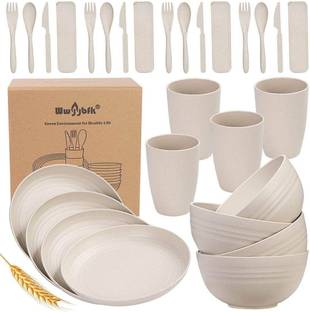 AshandRoh Pack of 28 Plastic Wheat Straw | Unbreakable Dinnerware Sets | Plates, Bowls, Cups, Cutlery Dinner Set