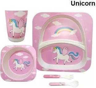 Deepashri Bamboo FIbre Pink Unicorn Baby Feeding kids Dinner Set (Plate, Bowl, Cup, Spoon & Fork) Dinner Set
