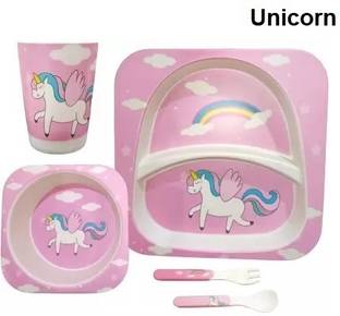 Deepashri Bamboo FIbre Pink Unicorn Baby Feeding kids Dinner Set (Plate, Bowl, Cup, Spoon & Fork) Dinner Set