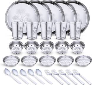LIMETRO STEEL Pack of 30 Stainless Steel Laser Printed Flawer Design (Serves 5) Dinner Set