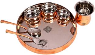 IndianArtVilla Pack of 7 Copper, Steel Steel Copper Dinner Thali Set, Serveware & Dinnerware, Home Restaurant, 7 Pcs Dinner Set