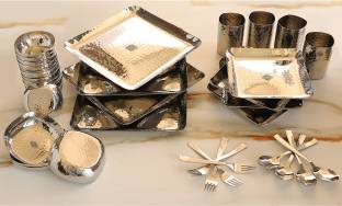 IndianArtVilla Pack of 36 Steel Hammerd 36 Pcs Rectangular shape Dinner Set
