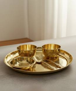 A & H ENTERPRISES Pack of 7 Brass Floral Design Pital Thali Set , Dinner Set for Dinnerware Serveware Dinner Set