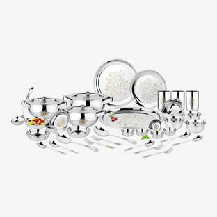 Classic Essentials Pack of 64 Stainless Steel Floral Dinner Set, Heavy Gauge with Permanent Laser Design Dinner Set