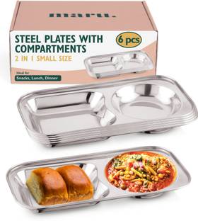 MARU Pack of 6 Stainless Steel Tableware Compartment Plate|2 in 1 Rectangle Shape Plate Dinner Set