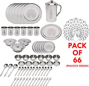 Sigri-wala Pack of 66 Stainless Steel Long Life Durable Virgin Stainless Steel Peacock Dinner Set
