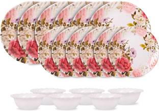 Home-pro Pack of 18 Melamin Pink Floral Print 6 Full & 6 Half Plate | 6 Bowl | 18 Pieces Crockery Dinner Set Dinner Set