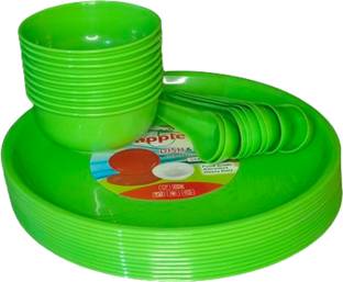 x pods Pack of 18 Plastic Colour Full Family Lunch Dinner Set 6 Bowl 6 Plates 6 Spoon Food Grade Dinner Set
