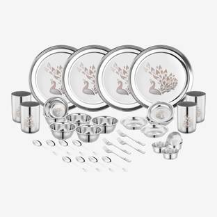 Classic Essentials Pack of 32 Stainless Steel Dinner Set|Serves 4 People|Heavy Gauge|Kitchen Set|Permanent Laser-Peacock Dinner Set
