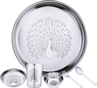 LIMETRO STEEL Pack of 6 Stainless Steel Laser Printed Peacock Design (Serves 1) Dinner Set