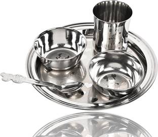 Artha Pack of 5 Stainless Steel S.S. Laser Cartoon Printed Baby Dinner Set Pack Of 5 Medium Size For Kids Dinner Set