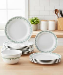 CORELLE Pack of 14 Glass Spring Blossom Mint Dinner Set-14 Pcs|For Family of 6|Microwave &Dishwasher Safe Dinner Set