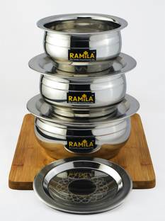 RAMILA Pack of 6 Stainless Steel Dinner Set Handi,Handi Set With LASER DESIGN LID(1.5-L, 1-L, 0.75-L / Capacity) Dinner Set