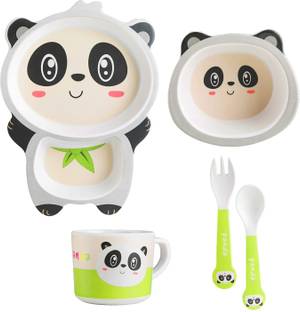 PEZYOX Bamboo 5 Piece Bamboo Dinnerware Plate and Bowl Set Shower- Panda Design for Kids Dinner Set
