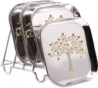 Next Future Pack of 4 Stainless Steel Set of 4, Heavy Gauge Breakfast/ Square Plates Laser Print-Diameter: 8 Inches Dinner Set
