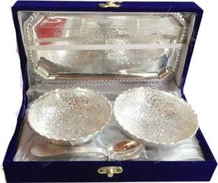 royalgifts Pack of 5 Silver Plated Elegant Silver-Plated 2 Bowl, 2 Spoon & 1 Tray Set with velvet box Dinner Set
