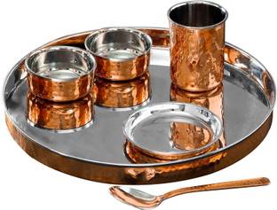 Spillbox Pack of 6 Copper, Stainless Steel hammered Thali Set | Dinnerware | tableware | Crockery Dinner Set