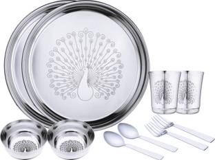 LIMETRO STEEL Pack of 10 Stainless Steel Laser Printed Peacock Design (Serves 2) Dinner Set