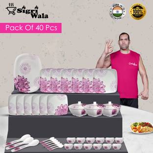 Sigri-wala Pack of 40 Melamin Pink White Dinner Set